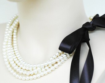 Chloe - Perfect Bridesmaid Necklace-Ivory Glass Pearls Necklace w/Ribbon Tie WEDDING JEWELRY Maid of HONOR