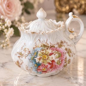 May include: A white porcelain sugar bowl with a lid, featuring a scalloped rim and a curved handle. The body is decorated with a colorful floral pattern in shades of pink, yellow, and blue, accented with gold trim along the edges and handle.