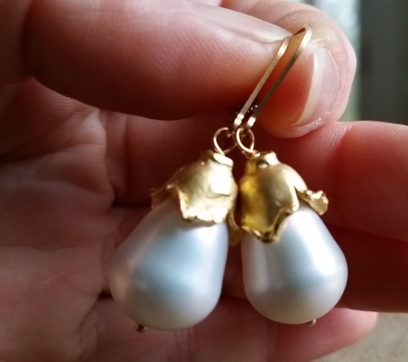 Freshwater Pearls Earrings for Holiday Gift Be Mine Valentines Day Pearl Earrings Pear Shaped Pearl Bridal Earrings with Turkish Gold Cap image 2