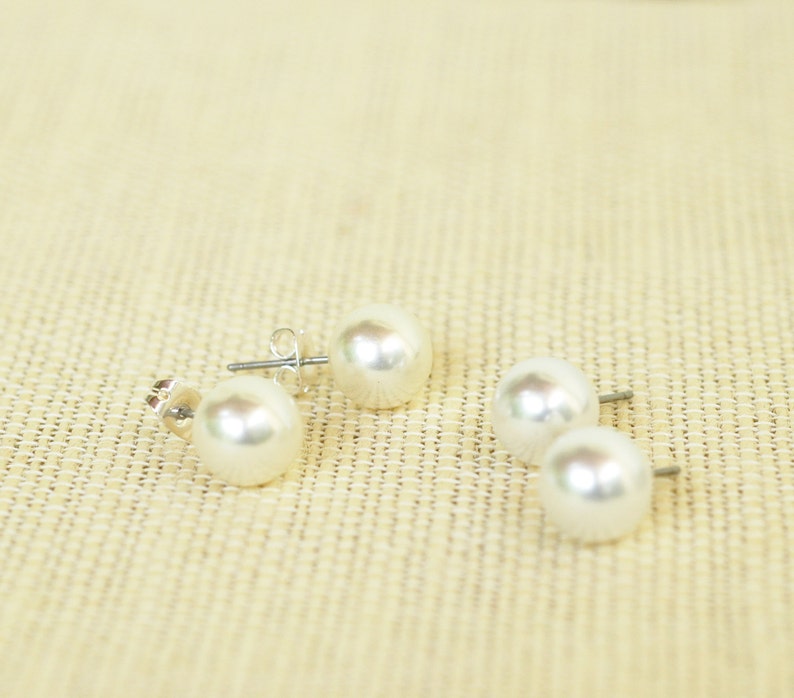 Set of 2 Simple Classic 10mm Pearl Stud Earrings for Bridesmaids Matron of Honor and Wedding Party Bridal Jewelry image 2