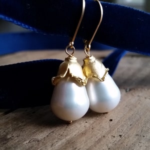 Freshwater Pearls Earrings for Holiday Gift Be Mine Valentines Day Pearl Earrings Pear Shaped Pearl Bridal Earrings with Turkish Gold Cap image 1