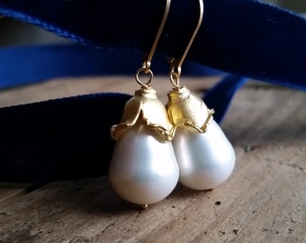 Freshwater Pearls Earrings for Holiday Gift | Be Mine Valentines Day Pearl Earrings Pear Shaped Pearl Bridal Earrings with Turkish Gold Cap