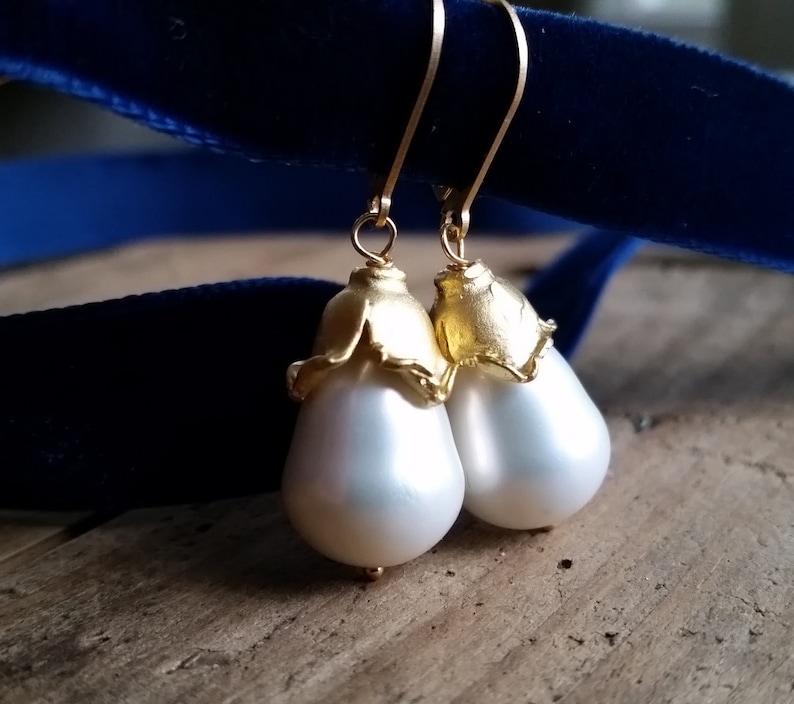 Freshwater Pearls Earrings for Holiday Gift Be Mine Valentines Day Pearl Earrings Pear Shaped Pearl Bridal Earrings with Turkish Gold Cap image 1