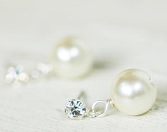 Pearl Drop Earrings w Sterling Silver and Rhinestone Post, Pearl Stud Bridal Earrings, Bridesmaids Jewelry Wedding Sets, Mother of the Bride