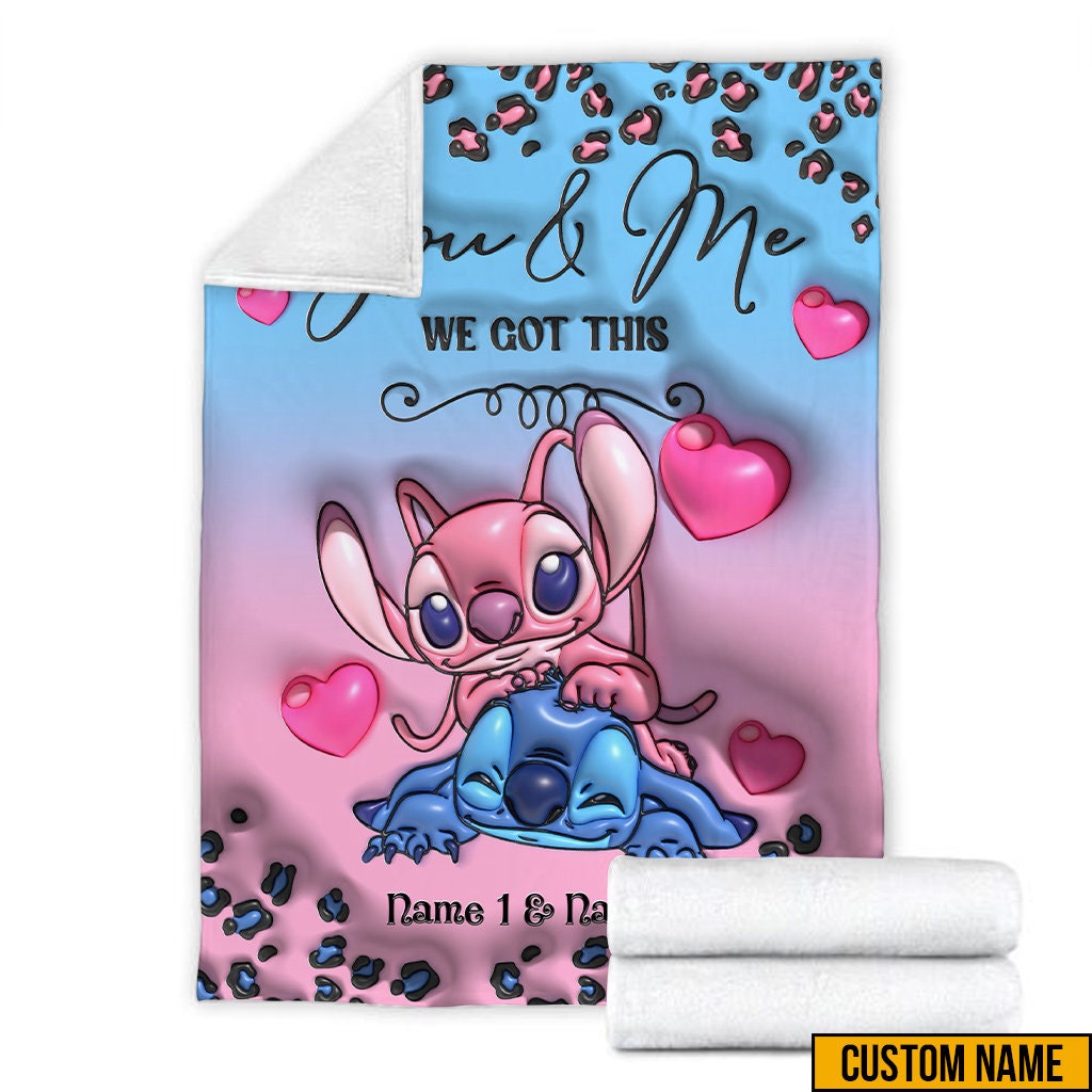 Custom Name Stitch Fleece Blanket, Lilo And Stitch Blanket, Disney Stitch And Angel sold by