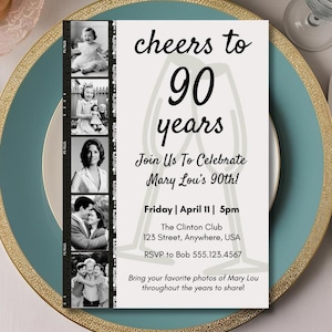 Op de afbeelding: Een witte uitnodigingskaart met zwarte tekst en een fotocollage van een vrouw op verschillende leeftijden. De tekst luidt "Cheers to 90 years. Join us to celebrate Mary Lou's 90th! Friday | April 11 | 5pm The Clinton Club 123 Street, Anywhere, USA RSVP to Bob 555.123.4567 Bring your favorite photos of Mary Lou throughout the years to share!"