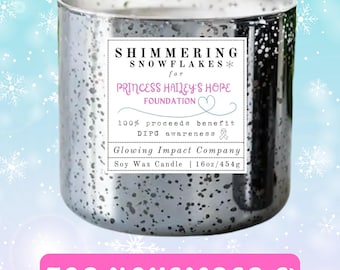 May include: A silver mercury glass soy wax candle with a white label reading Shimmering Snowflakes for Princess Hailey's Hope Foundation, 100% proceeds benefit DIPG awareness, Glowing Impact Company, and 16oz/454g. The candle is 16 ounces.