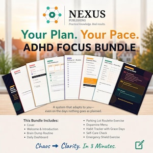 Könnte beinhalten: Ein ADHD-Fokus-Bundle mit Deckblatt, Einführung, Brain-Dump-Routine und Tagesübersicht. Das Bundle beinhaltet eine Parkplatz-Roulette-Übung, ein Dopamin-Menü, einen Gewohnheitstracker, einen Selbstpflege-Check und eine Notfallschild-Übung. Der Text lautet: „Ihr Plan. Ihr Tempo. ADHD FOCUS BUNDLE“.