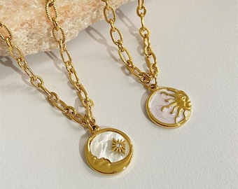 Sun and Moon Mother of Pearl BFF Necklaces: Gold Friendship Celestial Jewelry