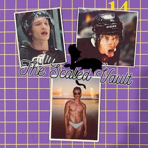 Può includere: Un collage di tre immagini su uno sfondo a griglia viola. Due immagini presentano una persona con un casco da hockey. La terza immagine mostra una persona con occhiali da sole e costume da bagno bianco sulla spiaggia. Il testo "The Scaled Vault" è sovrapposto alle immagini.