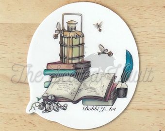 Whimsical Bookish Sticker 2.5”, laminated white