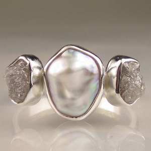 Baroque Pearl and Rough Diamond Ring - Three Stone Ring in Recycled Palladium Sterling - Made To Order Engagement Ring