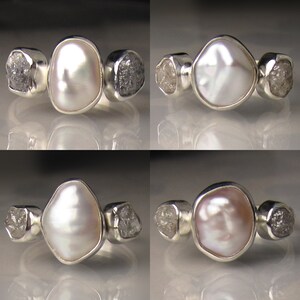 Baroque Pearl and Rough Diamond Ring Three Stone Ring in Recycled Palladium Sterling Made To Order Engagement Ring image 2