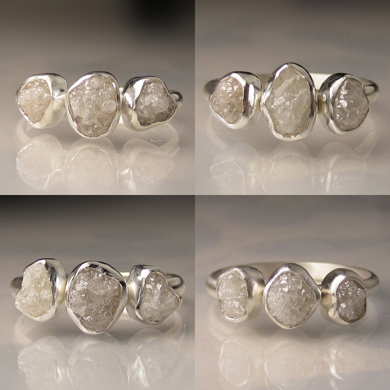 Silver or White Raw Diamond Engagement Ring Three Stone Diamond Ring Custom Recycled Palladium Sterling image 2