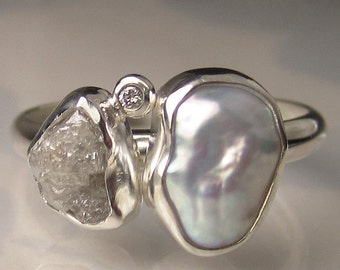 Baroque Pearl and Rough Diamond Ring - Recycled Sterling Silver Engagement Ring - Made to Order