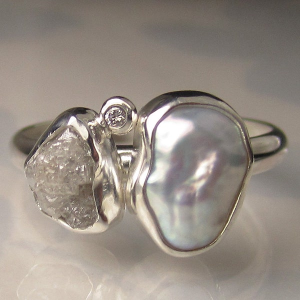 Baroque Pearl and Rough Diamond Ring - Recycled Sterling Silver Engagement Ring - Made to Order