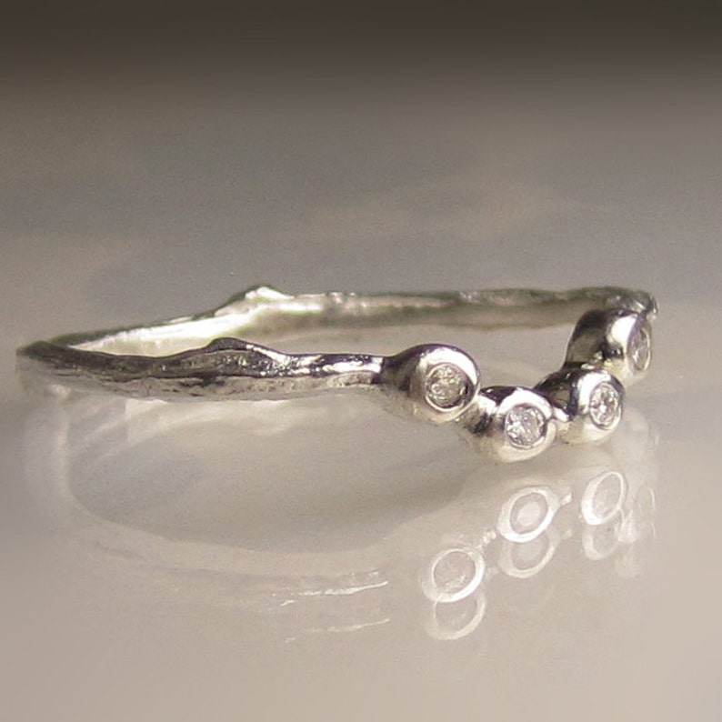 Diamond Contour Wedding Band, 4 Diamond Twig Wedding Band in Sterling Silver, Diamond Branch Wedding Band image 2