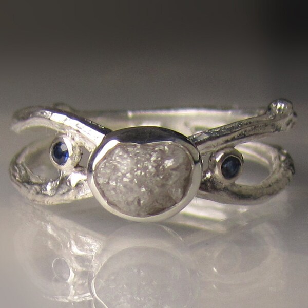 Raw Diamond and Blue Sapphire Engagement Ring - Rough Diamond Twig Ring