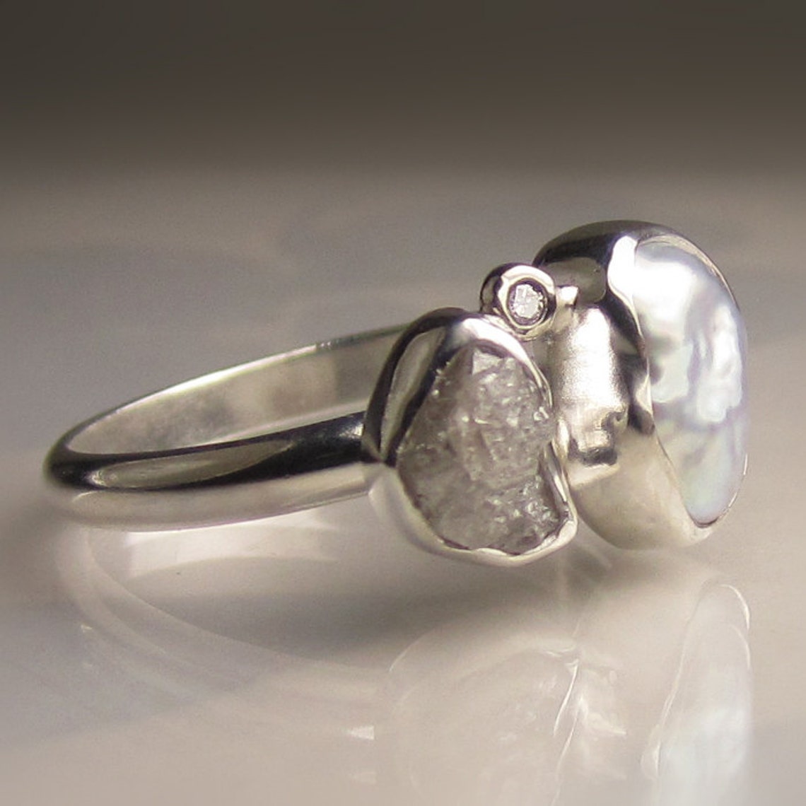 Baroque Pearl and Rough Diamond Ring Recycled Sterling - Etsy