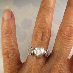 Baroque Pearl and Rough Diamond Ring Three Stone Ring in Recycled Palladium Sterling Made To Order Engagement Ring image 3