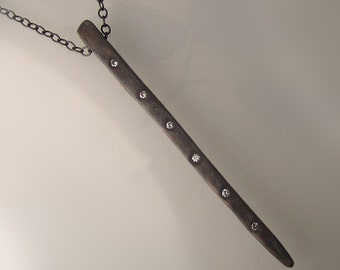 Diamond Spike Pendant, Diamond Necklace in Oxidized Sterling Silver