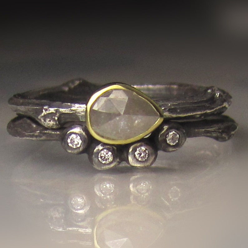 4 Diamond Twig Wedding Band in Sterling Silver Oxidized Diamond Contour Wedding Band Diamond Branch Wedding Band