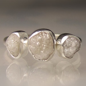 Silver or White Raw Diamond Engagement Ring - Three Stone Diamond Ring Custom- Recycled Palladium Sterling