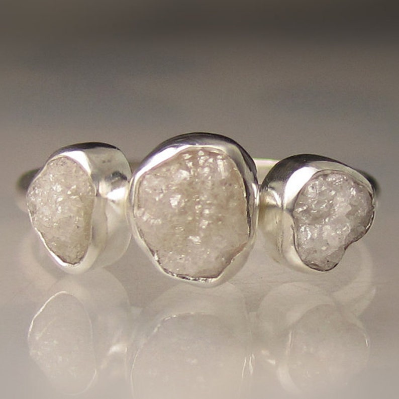 Silver or White Raw Diamond Engagement Ring Three Stone Diamond Ring Custom Recycled Palladium Sterling image 1