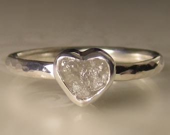 Heart Shaped Raw Diamond Ring, Hammered Rough Diamond Engagement Ring, Natural Diamond Heart Ring