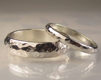 His and Her Hammered Wedding Band Set in Palladium Sterlng Silver