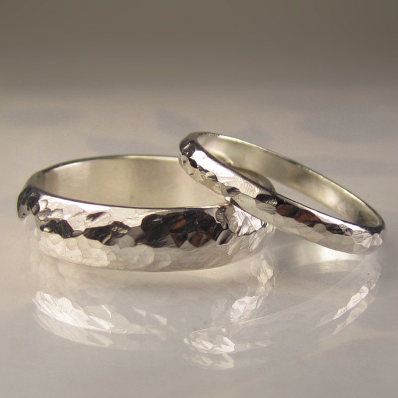 His and Her Hammered Wedding Band Set in Palladium Sterlng