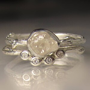White Raw Diamond Engagement Ring, Rough Diamond Wedding Set, Uncut Diamond Twig Ring