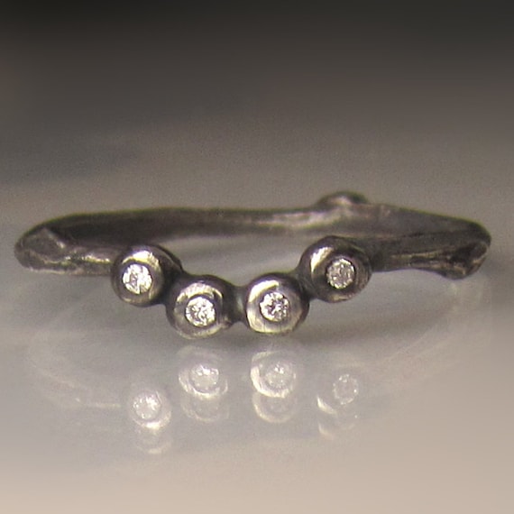 4 Diamond Twig Wedding Band in Sterling Silver Oxidized Diamond Contour Wedding Band Diamond Branch Wedding Band