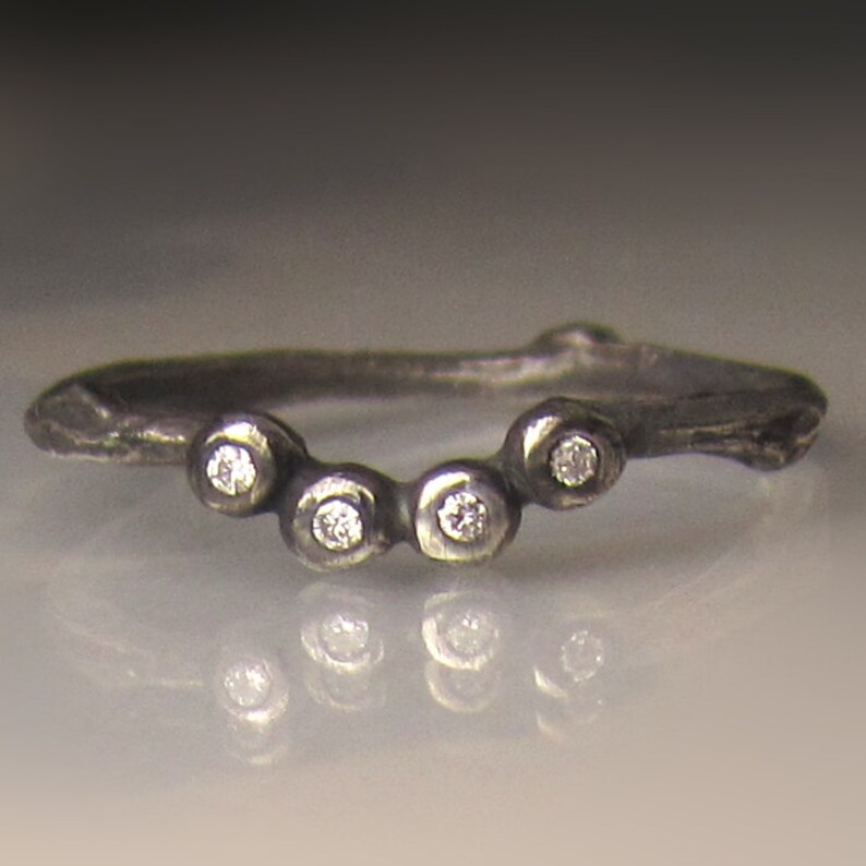4 Diamond Twig Wedding Band in Sterling Silver Oxidized Diamond Contour Wedding Band Diamond Branch Wedding Band