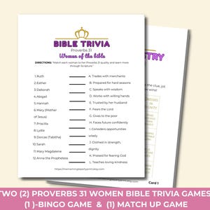 Può includere: Due giochi di trivia biblica sulle donne di Proverbi 31, tra cui un gioco di bingo e un gioco di abbinamento. I giochi sono stampati su carta bianca con testo viola e oro. Il gioco di trivia include un elenco di donne e le loro qualità corrispondenti.