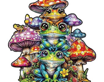 Frog & Mushroom Wooden Puzzle for Adults, Difficult Jigsaw, Home Decor Gift