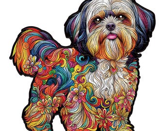 Shih Tzu Wooden Jigsaw Puzzle, Colorful Floral Dog Art, Adult Puzzle Gift