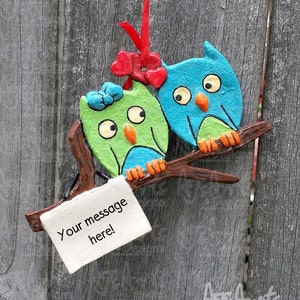 OOAK - Owls in Love résine vert citron et ornement bleu ciel