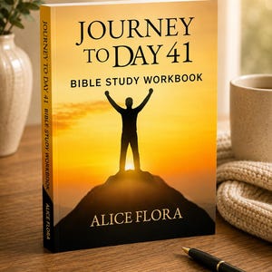 May include: A softcover book titled Journey to Day 41 Bible Study Workbook by Alice Flora. The cover features a silhouette of a person standing on a mountain peak against a bright yellow and orange sunset sky, with bold black text.