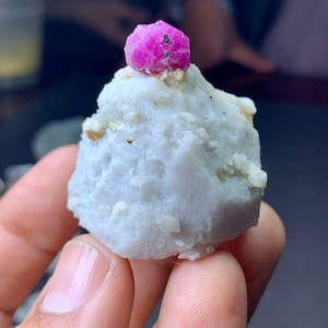 以下が含まれることがあります： 上面が明るいピンクのルビーの結晶で覆われた、小さく、白く、ざらざらした質感の岩