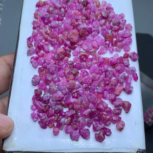 May include: A collection of small, rough-cut ruby gemstones in varying shades of pink and red. The gemstones are scattered across a white surface, showcasing their natural, unpolished appearance. The rubies are of different sizes and shapes.