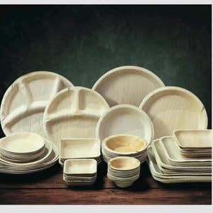 May include: A collection of various sizes and shapes of disposable plates and bowls made from palm leaves. The plates and bowls are stacked and arranged on a wooden surface.