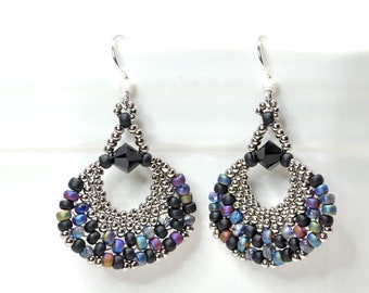 black and multi colored beaded fan earrings . unique ooak beaded earrings. margo robbie inspired . black fan earrings . statement earrings