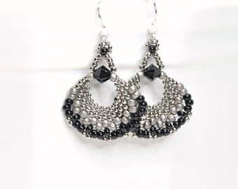black and silver statement fan earrings . lightweight beaded earrings . black and gray beaded fan earrings . nickel free jewelry . gift .
