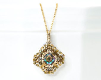 gold and iridescent swarovski crystal cushion cut pendant necklace #014 statement necklace . mother of the bride . mother of the groom .