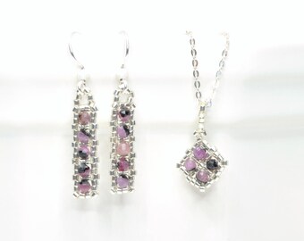 black lace ruby gemstone jewelry set . dainty earrings. layering pendant. delicate pendant. minimalist earrings. ruby gemstone jewelry set