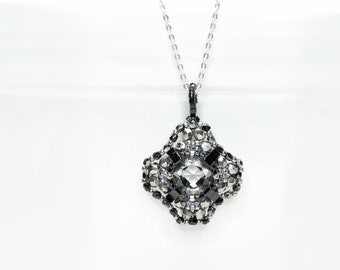 black and silver clear crystal cushion cut swarovski crystal pendant necklace . lacy black pendant . black gray silver clear pendant  #30