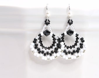 black and white fan earrings . statement earrings . beaded handmade earrings . sterling silver earwires . lightweight . nickel free jewelry