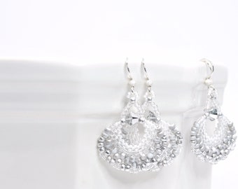white and silver fan earrings . metallic fan earrings . statement silver and white earrings . nickel free jewelry . modern white fan earring