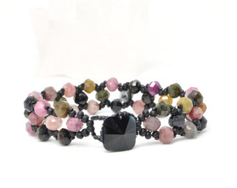 tourmaline and black glass beaded gemstone bracelet . black, pink tourmaline bracelet . nickel free jewelry . tourmaline gemstone bracelet